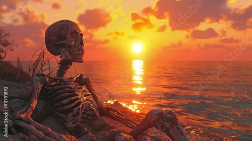 Skeleton Zombie Relaxing by the Beach on Vacation