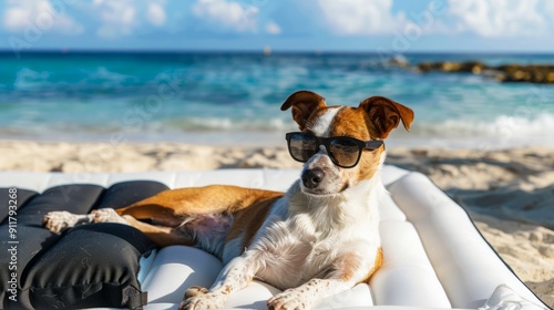 Jack Russel dog resting and relaxing on an air mattress on the beach, by the ocean, wearing sunglasses, generative ai