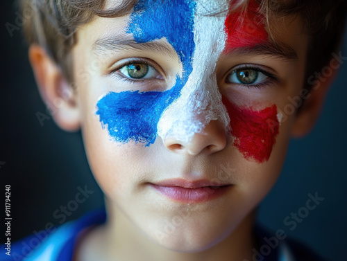 Fan Boy with French Flag Face Paint. photo