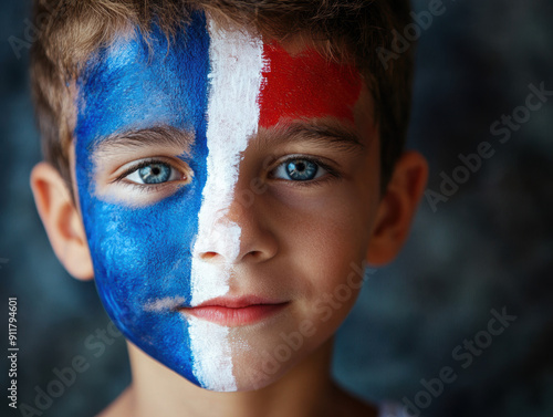 Fan Boy with French Flag Face Paint. photo