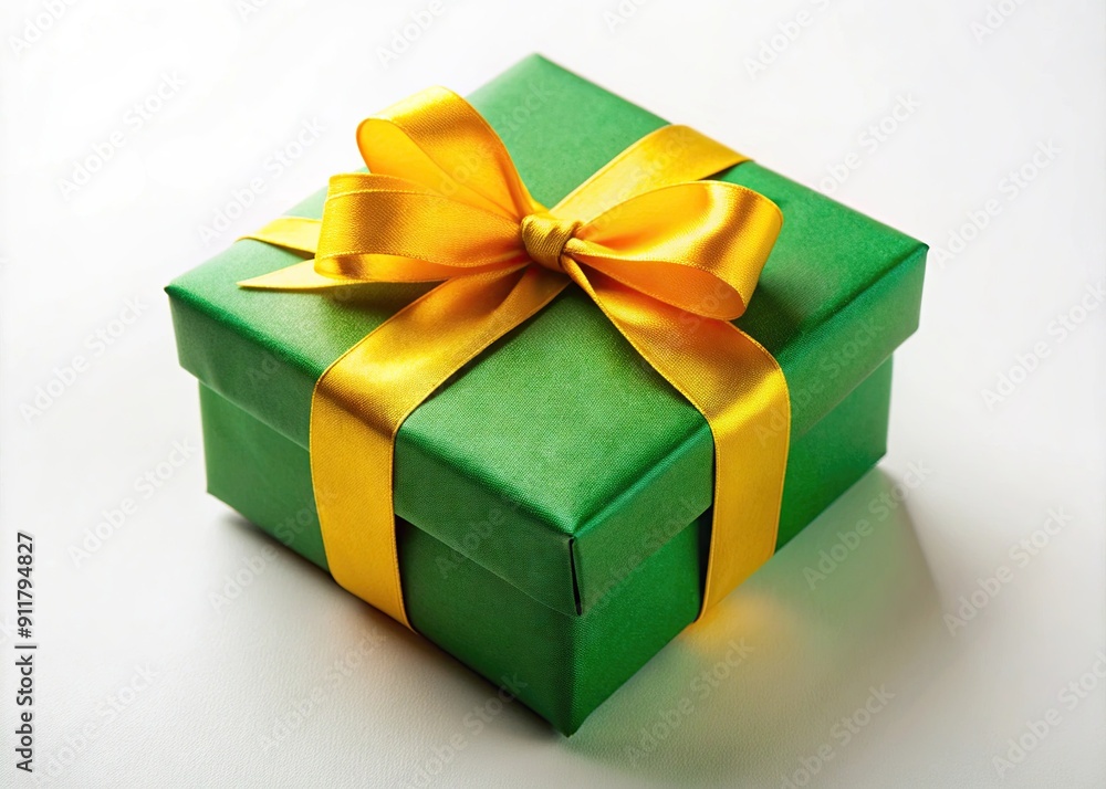 Vibrant Green Gift Box with Yellow Ribbon on a White Surface Vibrant Green Gift Box with Yellow Ribbon on a White Surface
