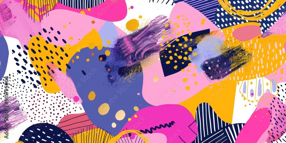 Abstract colorful art with dots, lines, and shapes.