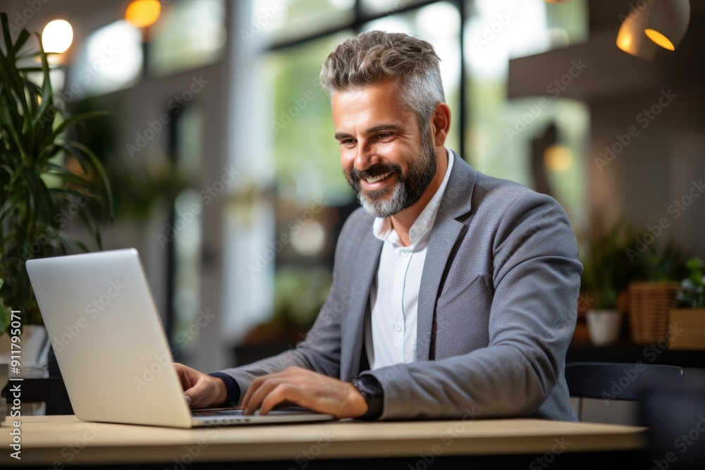Happy business man typing on laptop for email update, online project and reading digital report with mockup space. Mature manager, entrepreneur and working on computer for research, planning and info Happy business man typing on laptop for email update, online project and reading digital report with mockup space. Mature manager, entrepreneur and working on computer for research, planning and info