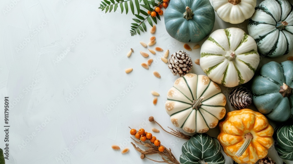 Fototapeta premium Minimalist Thanksgiving background with ceramic pumpkins, foliage and pine nuts generative ai