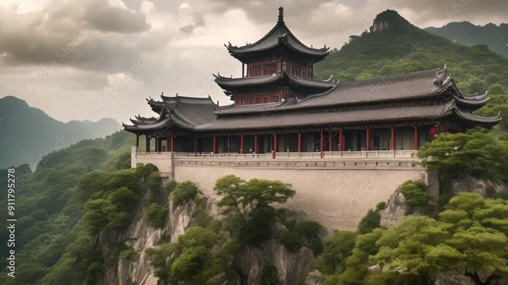 Chinese building on top of mountain with thick clouds surrounding it Chinese building on top of mountain with thick clouds surrounding it