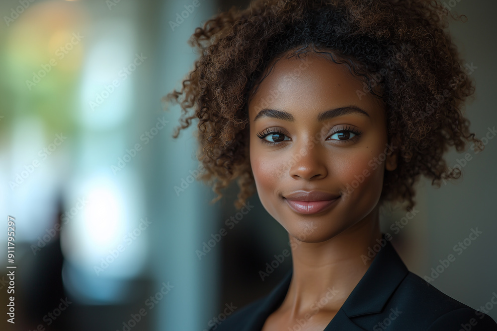 businesswoman. An athletic African American woman, 28 years old, muscular build, short curly hair, poised smile, looking slightly to the side, wearing a chic blazer, modern office background businesswoman. An athletic African American woman, 28 years old, muscular build, short curly hair, poised smile, looking slightly to the side, wearing a chic blazer, modern office background