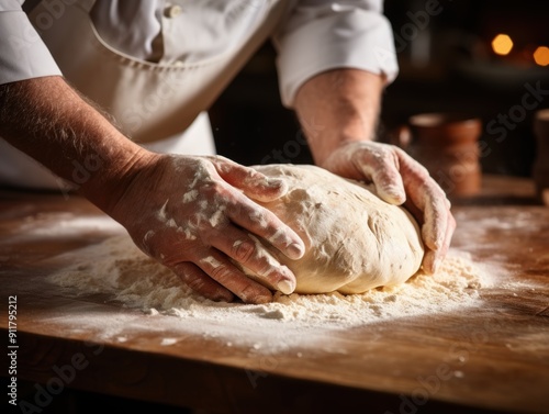 Bakers hands kneading dough for artisan bread