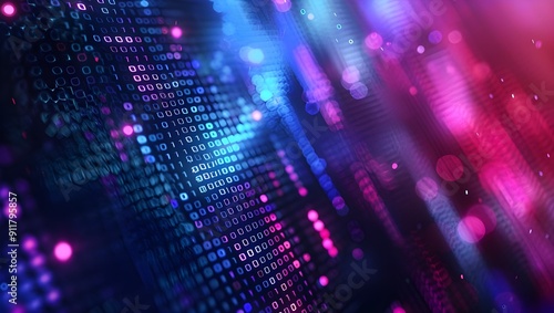 Wallpaper Mural abstract background of digital data and code, glowing pixel light effect. The colors blue, purple, red, white and black. Abstract futuristic technology concept. Black blur, depth of field. Torontodigital.ca