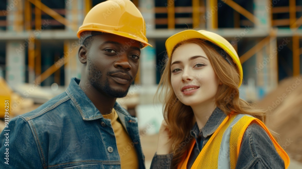 Confident black male construction worker stands beside smiling young Hispanic female architect, both wearing safety helmets and vests, posing at bustling construction site Confident black male construction worker stands beside smiling young Hispanic female architect, both wearing safety helmets and vests, posing at bustling construction site