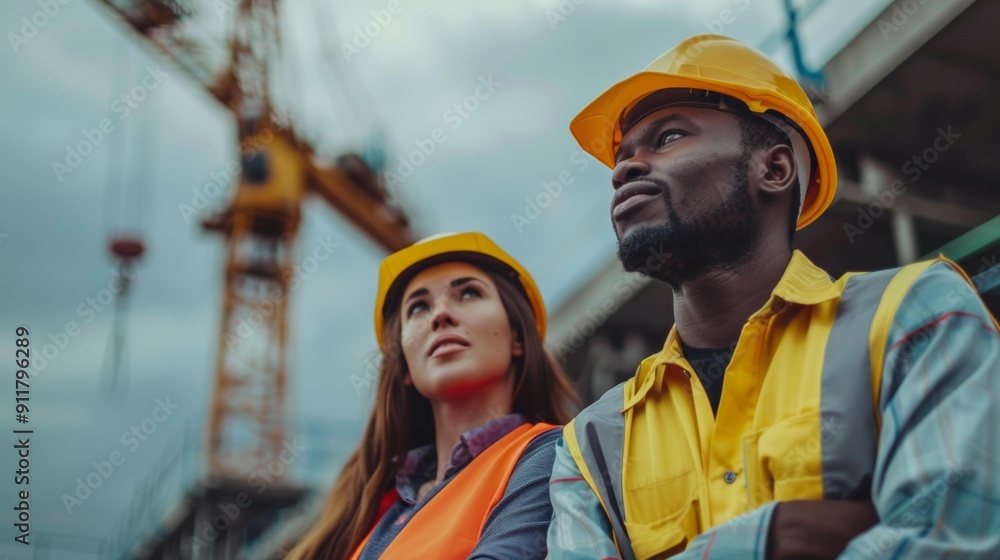 Focused construction workers, a Hispanic woman in safety gear and a Black man in reflective vest, reviewing project plans at site, discussing construction progress, crane in background. Focused construction workers, a Hispanic woman in safety gear and a Black man in reflective vest, reviewing project plans at site, discussing construction progress, crane in background.