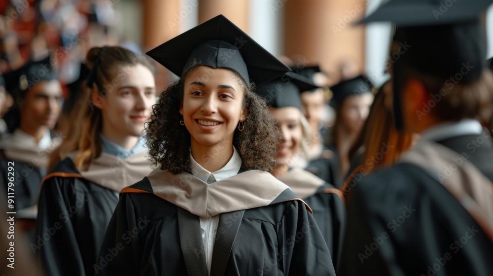 Obraz premium Joyful young biracial woman graduates in academic gown, smiling broadly during ceremony, surrounded by classmates, proud moment celebrating achievement, excitement fills atmosphere.