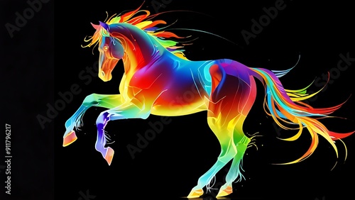 Rainbow horse in motion against dark backdrop. Suitable for vibrant designs, fantasy themes, childrens products, and equestrian concepts. 