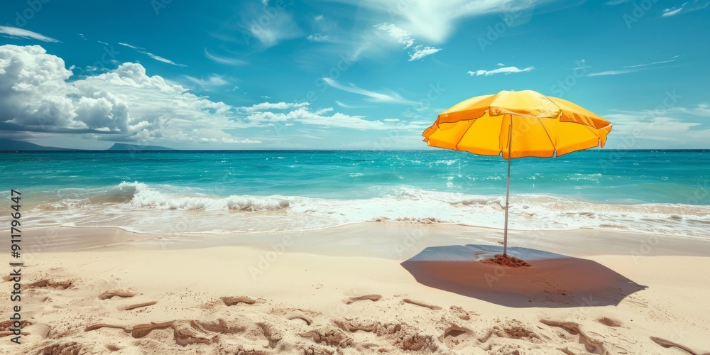 Bright yellow beach umbrella stands alone on sandy shore, clear blue ocean waves gently lap at the beach, serene summer vacation scene, copy space. Bright yellow beach umbrella stands alone on sandy shore, clear blue ocean waves gently lap at the beach, serene summer vacation scene, copy space.