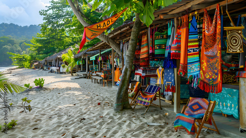 Vibrant sarongs on display at a tropical beach market with palm trees and ocean views. photo