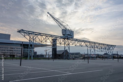 Photography Cityscape of Copenhagen, northern docks with industrial construction and Opera h