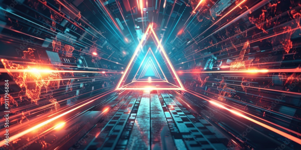 Glowing triangle in a futuristic tunnel. Glowing triangle in a futuristic tunnel.