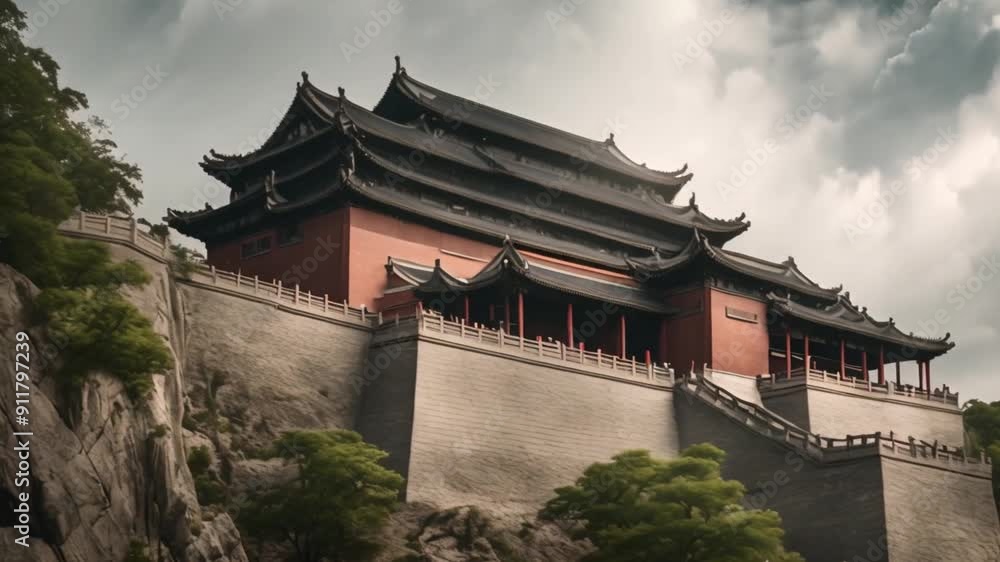 Chinese building on top of mountain with thick clouds surrounding it Chinese building on top of mountain with thick clouds surrounding it