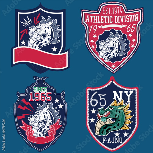 Creative dragon logo template. patch Sport mascot design. College league insignia, Asian beast sign, School team vector.