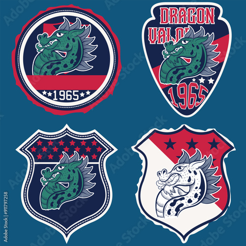 Creative dragon logo template. patch Sport mascot design. College league insignia, Asian beast sign, School team vector.