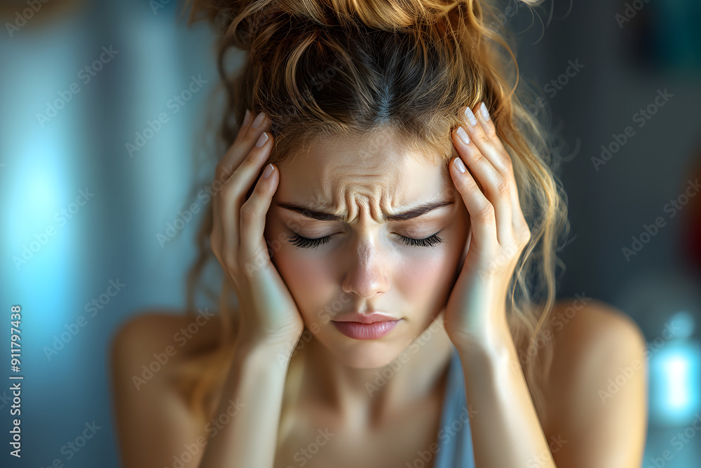 Woman Holding Head in Pain Relief Pose Depicting Headache or Stress Woman Holding Head in Pain Relief Pose Depicting Headache or Stress