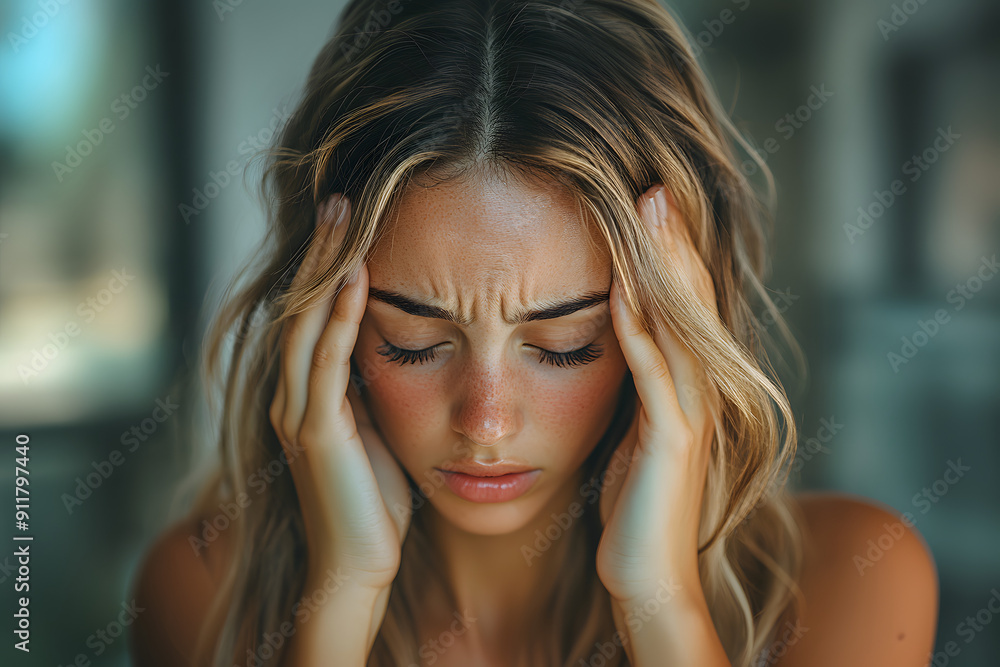 Obraz premium Woman Holding Head in Pain Relief Pose Depicting Headache or Stress