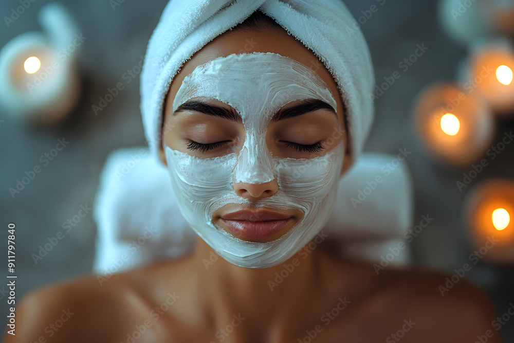 Woman with Eyes Closed and White Facial Mask for Skincare and Relaxation Woman with Eyes Closed and White Facial Mask for Skincare and Relaxation