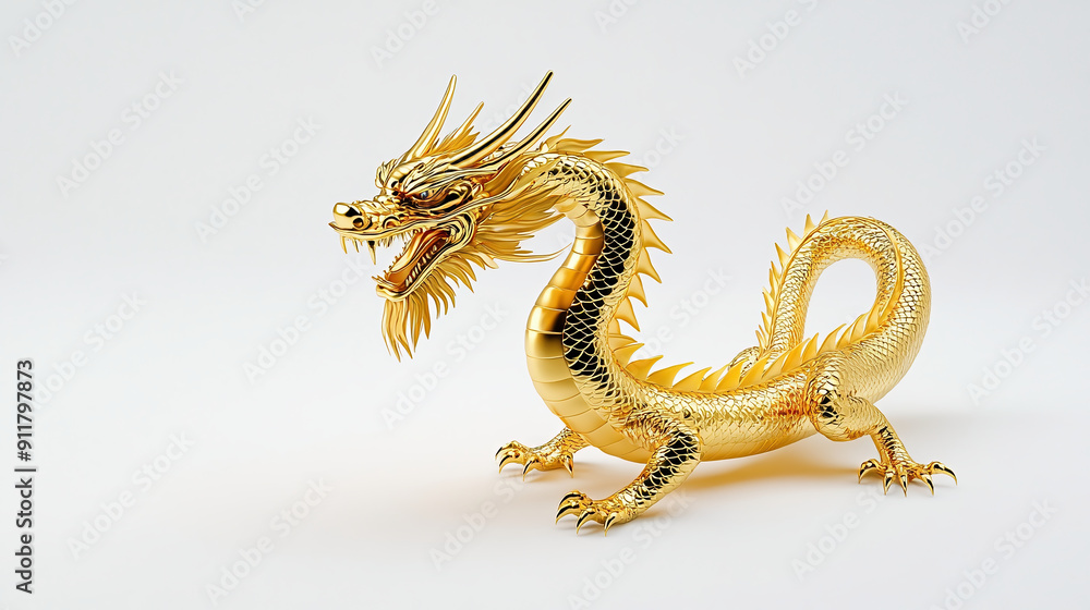 Obraz premium Golden Chinese Dragon, 3d Rendering, White Background, Studio Lighting. High Resolution, High Detail, Minimalist Display. 
