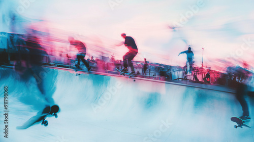Blurred abstract scene of a skate park with skateboarders in motion under colorful lighting