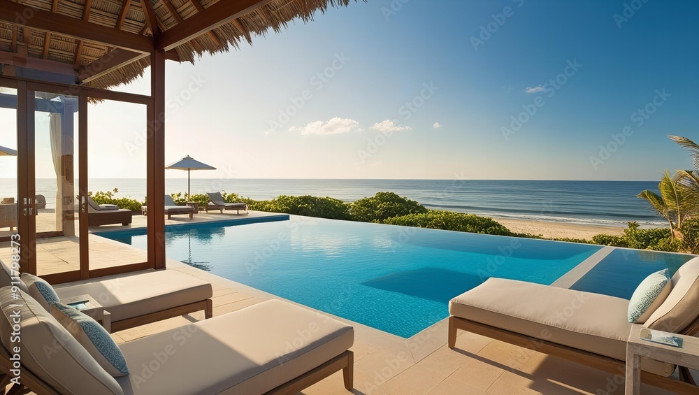 stunning bungalow on the beachfront, with pool overlooking the ocean and comfortable outdoor furniture. stunning bungalow on the beachfront, with pool overlooking the ocean and comfortable outdoor furniture.