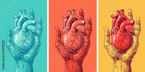 Four illustrations of the human heart showing its internal structure and chambers photo