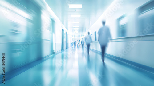 Blurry abstract image of a hospital corridor with doctors and nurses walking briskly under bright lighting