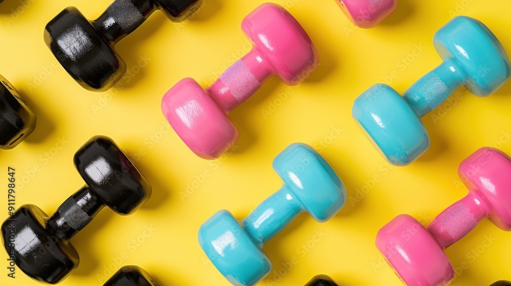 Colorful Dumbbells on Yellow Background Colorful Dumbbells on Yellow Background