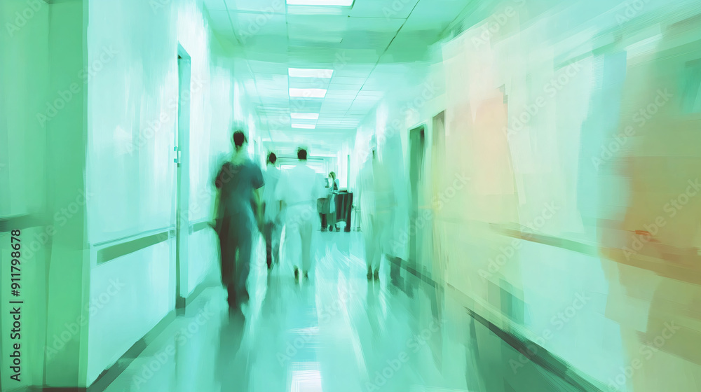 Blurry abstract image of a hospital corridor with staff moving under soft blue and green lighting Blurry abstract image of a hospital corridor with staff moving under soft blue and green lighting