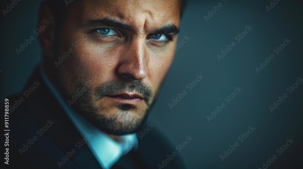 Obraz premium A man with a serious expression looks directly at the camera. AI.