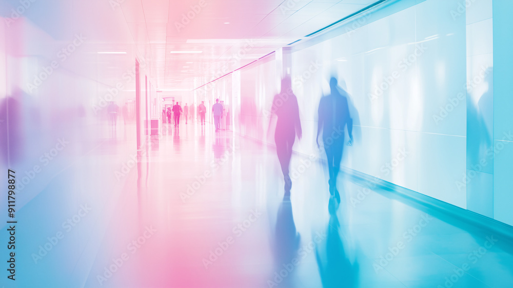 Blurry abstract image of a hospital corridor with silhouettes of people walking under pastel lighting Blurry abstract image of a hospital corridor with silhouettes of people walking under pastel lighting