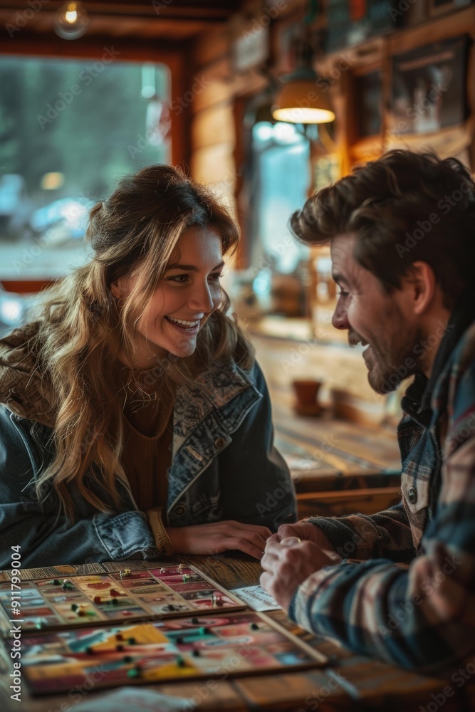 Fototapeta premium A couple smiles at each other while playing a board game. AI.