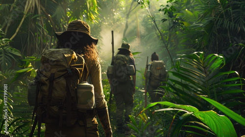 Obraz na płótnie People walk in jungle, raiders of lost city in rainforest, fantasy scene in wild forest like in adventure movie. Concept of explore, travel, journey w salonie