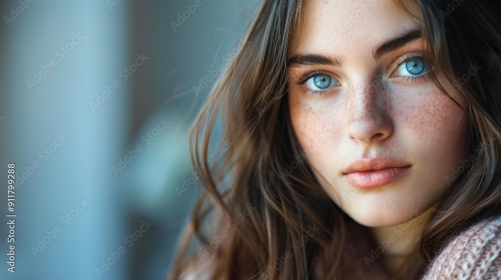 A close-up portrait of a woman with blue eyes and freckles. AI. A close-up portrait of a woman with blue eyes and freckles. AI.