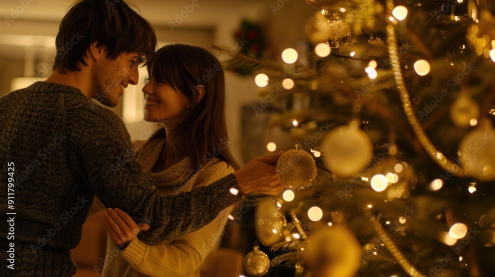 A couple decorates a Christmas tree together. AI. A couple decorates a Christmas tree together. AI.
