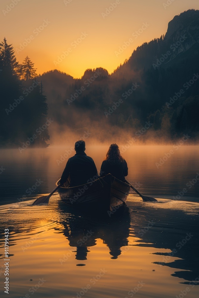A couple rows a boat across a calm lake with a misty backdrop. AI. A couple rows a boat across a calm lake with a misty backdrop. AI.