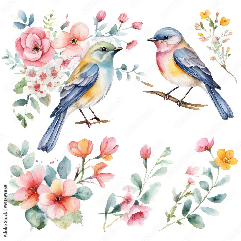 Gentle flowers and birds. Watercolor set. Gentle flowers and birds. Watercolor set.