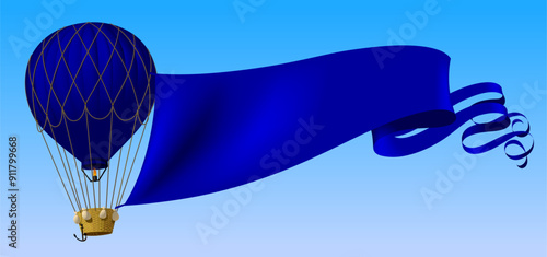 Flying Blue air balloon with a big waving advertising blue banner in the sky in 3d style. Vector Illustration