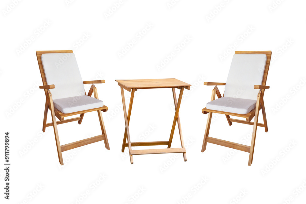 Fototapeta premium wooden table and chairs with soft cushions isolated on a white background