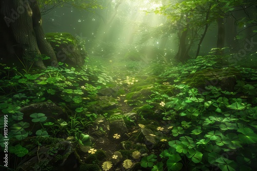 magical emerald forest shimmering shamrock leaves golden leprechaun footprints misty celtic atmosphere