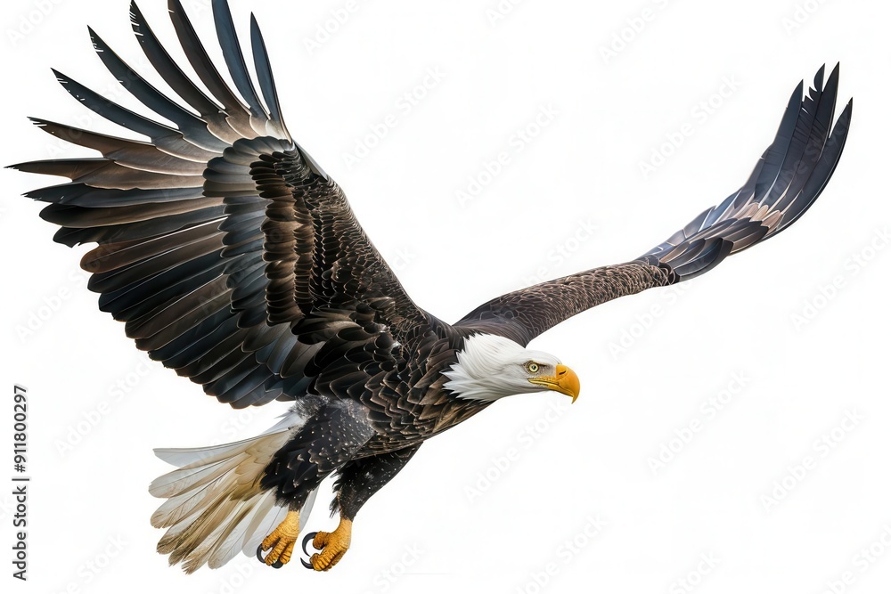 Fototapeta premium majestic bald eagle in flight against stark white background wings fully extended intricate feather detail patriotic symbolism