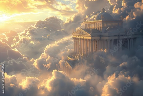 majestic fantasy palace atop mount olympus surrounded by swirling clouds ethereal light mythical architecture godly ambiance celestial details