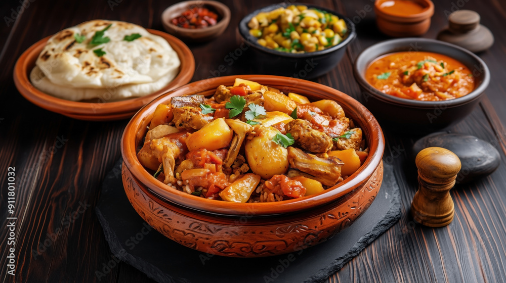 Traditional Moroccan food Tangia. An earthenware pot holds a stew of vegetables and meat, typically lamb, seasoned with spices and garnished with fresh herbs. Traditional Moroccan food Tangia. An earthenware pot holds a stew of vegetables and meat, typically lamb, seasoned with spices and garnished with fresh herbs.