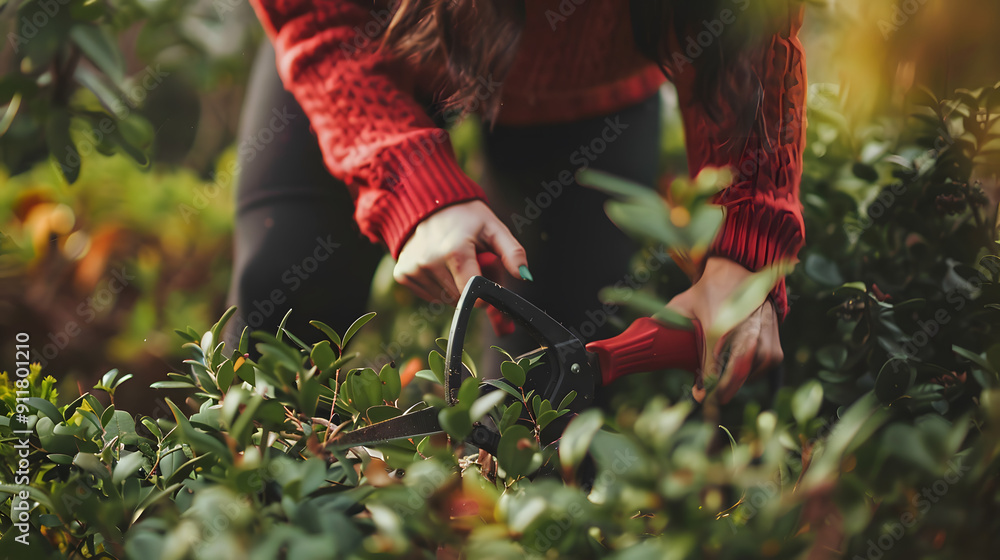 Fototapeta premium A woman using pruning shears to shape a bush