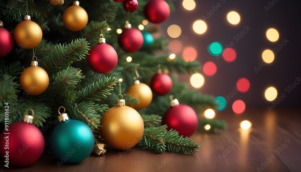 Close-Up of a Christmas Tree Branch Decorated with Shimmering Ornaments and Softly Glowing Lights Creating a Warm and Festive Ambiance Close-Up of a Christmas Tree Branch Decorated with Shimmering Ornaments and Softly Glowing Lights Creating a Warm and Festive Ambiance