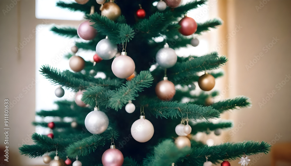 Close-Up of a Christmas Tree Branch Decorated with Shimmering Ornaments and Softly Glowing Lights Creating a Warm and Festive Ambiance Close-Up of a Christmas Tree Branch Decorated with Shimmering Ornaments and Softly Glowing Lights Creating a Warm and Festive Ambiance